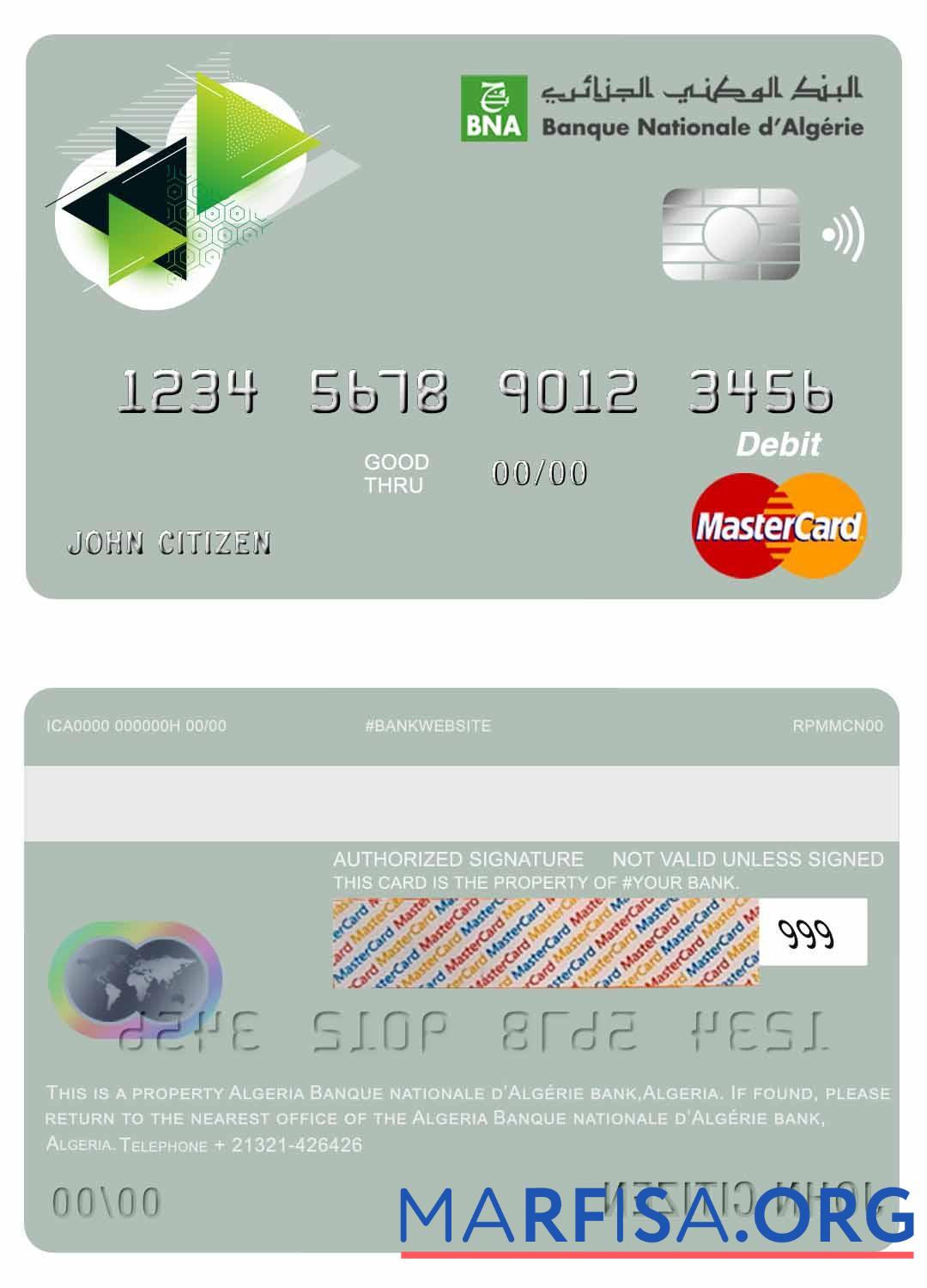 Downloadable Algeria Banque Nationale d’Algérie (BNA) bank master debit card example